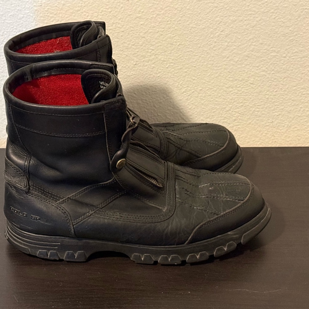Polo by Ralph Lauren Black Leather Zip-Up Ankle Boots with Red Lining
